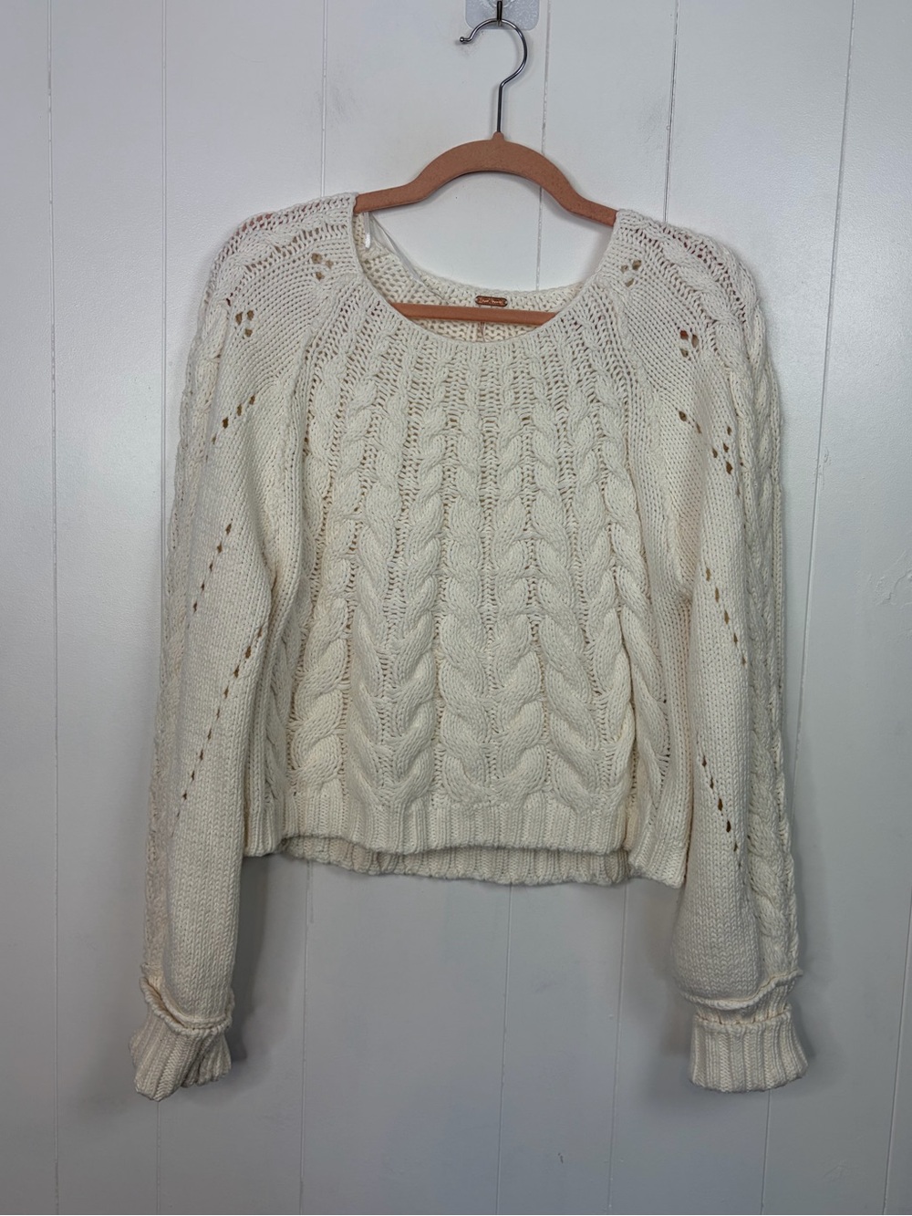 Free People Sandre Cream Cable Knit Long Sleeve Seeater Small Boho Cottagecore - Picture 5 of 9